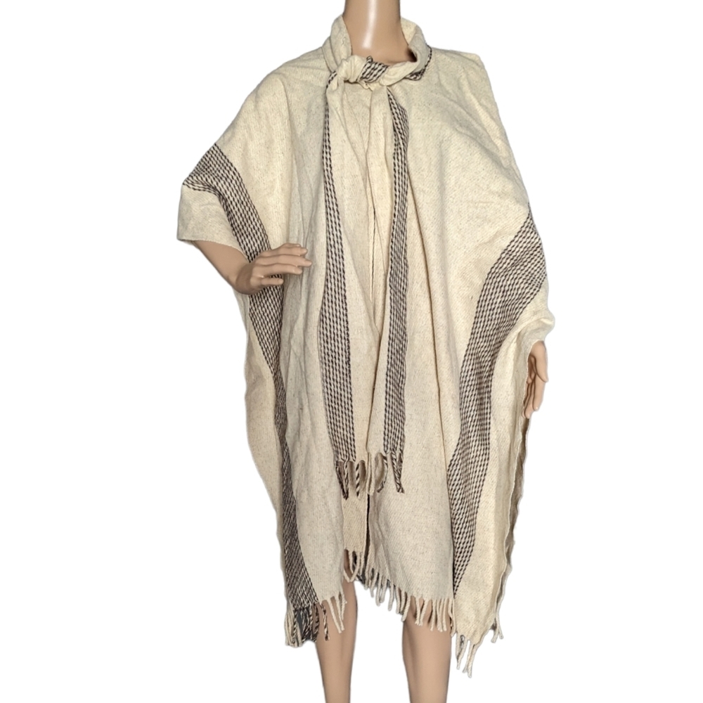 Vintage Mexican Wool Scarf Tie Serape Blanket Tribal Poncho Cape
